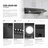 COS-5U30-BK 30 in. Delta Collection Ducted Under Cabinet Range Hood, Button Controls, Reusable Filters, LED Lights in Matte Black, 30 inch (Slim)